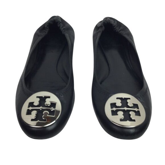 Tory Burch Black Leather Minnie Travel Ballet Flats W/ Silver Logo Womens 7 - Picture 3 of 11